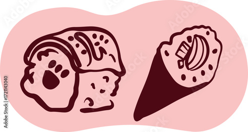 Sushi japanese food logo for sushi restaurant or delivery. Hand drawn elements for menu design, vector colorful illustration collection.	