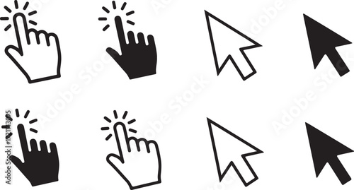 Illustration of set of cursor icons, including hand pointer and arrow, isolated on white background