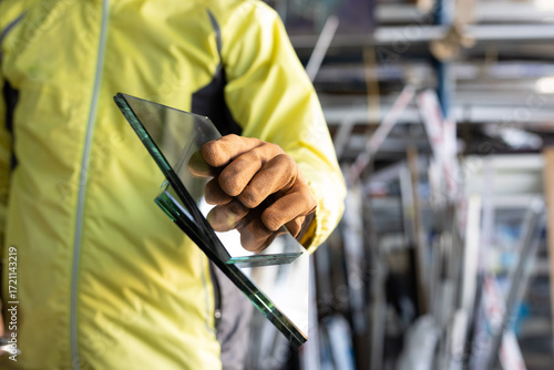 A glazier stands wearing gloves holding thick glass in a glass factory.