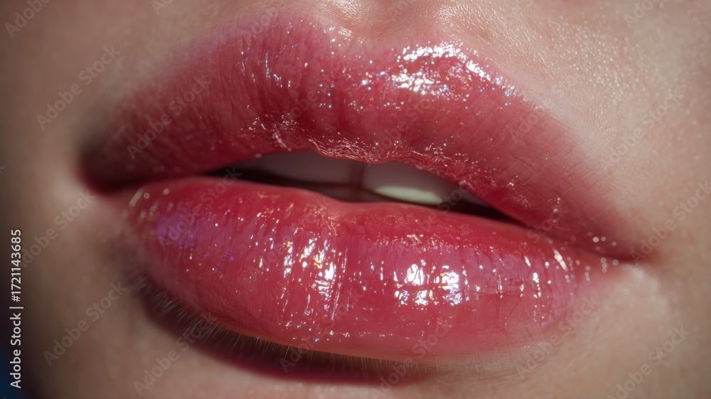 Naklejka premium ツヤのある赤いグロスを塗った唇のクローズアップ。美容やメイクアップのイメージ素材