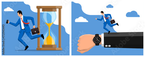 Man running against hourglass. Businessman chasing time. Deadline and time management concept for business.