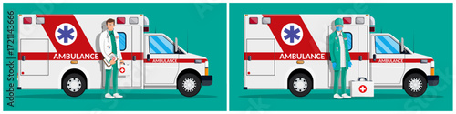 Man doctor and paramedic near ambulance car. Medical service concept. Emergency medical support, transport illustration.