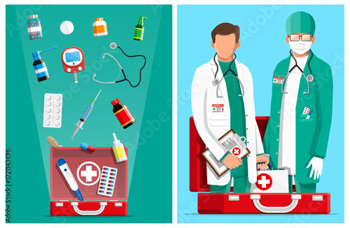 Medical equipment with man doctor and surgeon in flat style. Healthcare professional holding first aid box. Pharmacy and hospital concept.