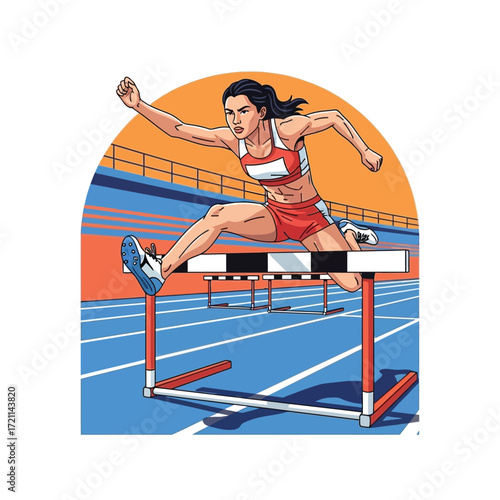 Grace Under Pressure: Capturing a focused female athlete leaping over a hurdle in a vibrant and dynamic cartoon illustration, showcasing strength, agility, and unwavering determination. 