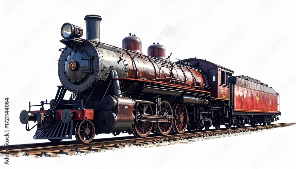 Naklejka premium Vintage steam locomotive—mechanical grandeur and timeless motion on iron rails white background