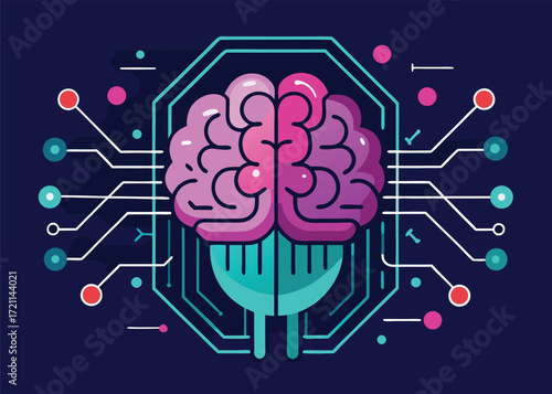 Abstract artificial intelligence brain with glowing neon circuitry and futuristic technology elements