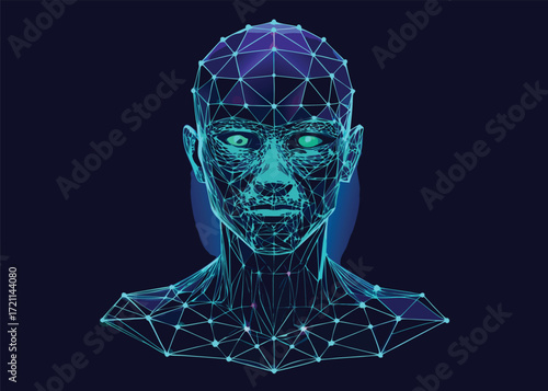 Futuristic 3d wireframe human face with glowing cybernetic particles and abstract geometric elements