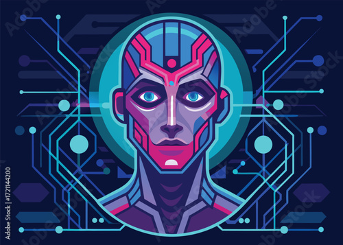 Abstract human face with glowing ai digital lines and futuristic circuitry patterns