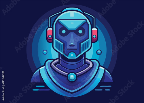 Futuristic glowing blue virtual assistant robot face icon with a friendly digital interface