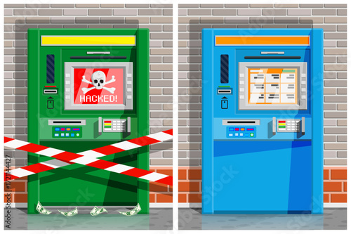 Hacked ATM with skull and crossbones icon on screen, crime concept. Secure ATM for banking and financial services.