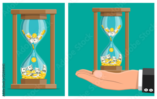 Hourglass with falling money. Money and time management concept. Investment, financial growth, business planning.