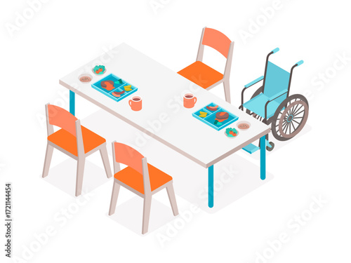 Isometric illustration of nursing home dining hall with wheelchair accessible tables