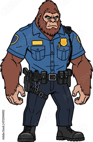 Cartoon Bigfoot Police Officer in Uniform – Funny Sasquatch Law Enforcement Character Illustration