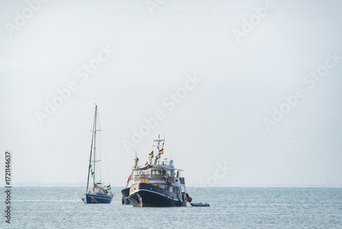 The Sumud Flotilla anchored off the coast of Sidi Bou Said, Tunisia, during its voyage as part of an international solidarity initiative to support Gaza