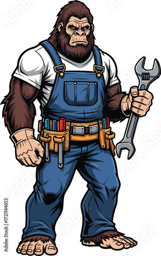 Cartoon Bigfoot Mechanic Holding Wrench – Funny Sasquatch Handyman Character Illustration