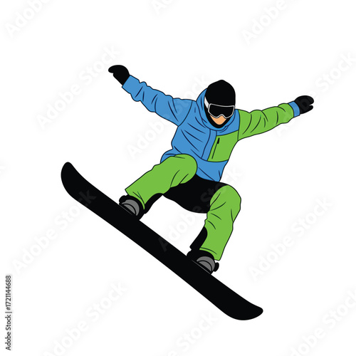 Snowboarding: A skilled snowboarder in full winter gear executes an impressive aerial trick with precision and style against a backdrop of snow-covered terrain.