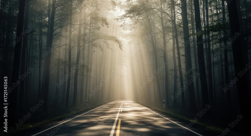 Naklejka premium A mystical journey through a forest road, sunlight filtering through the trees creating an