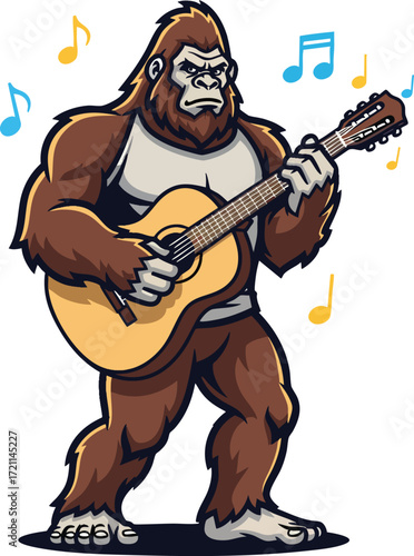 Cartoon Bigfoot Playing Guitar – Funny Sasquatch Musician Character Illustration