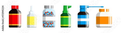 Medical products on a white background. Set of pharmacy bottles with pills, syrup, spray and drops. Pharmaceutical drug illustration.