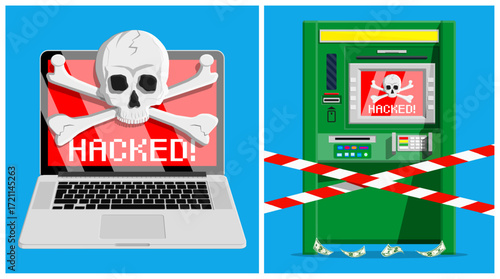 Laptop computer and ATM machine hacked, showing skull and crossbones with alert message. Cyber security and digital data concept.