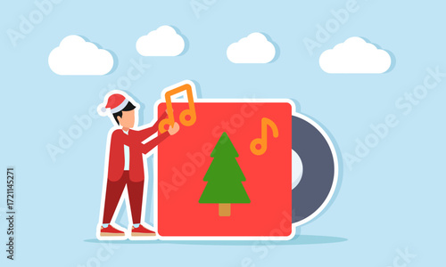Man in red outfit and Santa hat holding a music note block near vinyl record box with Christmas tree symbol illustration of holiday celebration