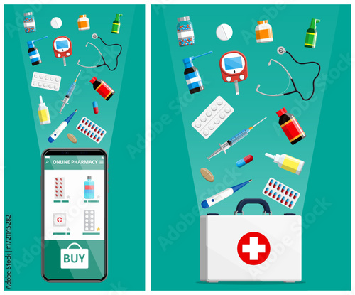 Online pharmacy on smartphone screen and medicine first aid kit concept. Telemedicine and medical equipment.