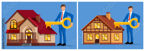 Man realtor holds large golden key next to two houses. Real estate agent or broker for home purchase or sale transaction. Property market concept.
