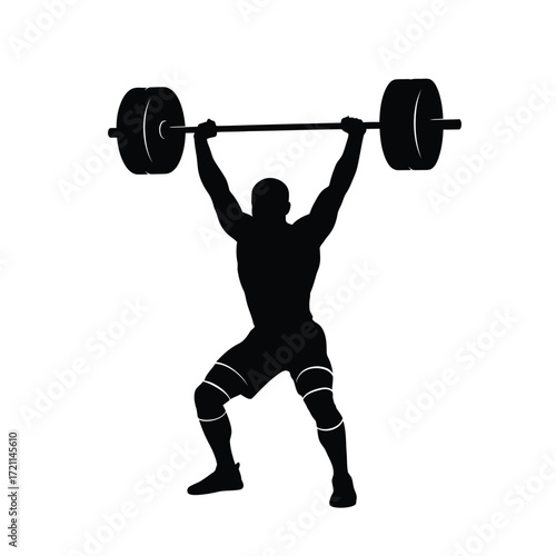 Strength and Silhouette: A muscular athlete in a bold black silhouette, powerfully lifts a barbell, showcasing the dedication, strength, and transformative journey of weightlifting.