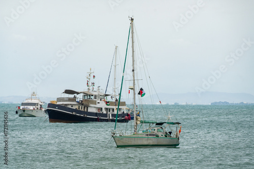 The Sumud Flotilla anchored off the coast of Sidi Bou Said, Tunisia, during its voyage as part of an international solidarity initiative to support Gaza