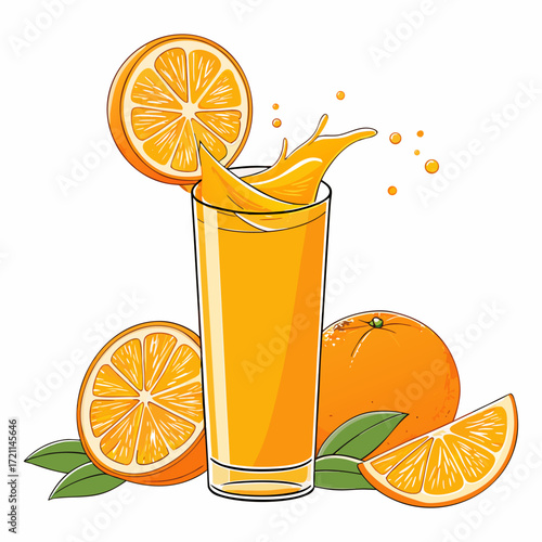 Fresh Orange Juice with Glass and Splash - Vector Illustration