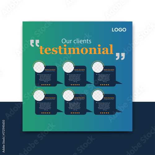 Creative social media testimonial template. Showcase customer reviews, ratings, and feedback with this unique design. Perfect for building brand credibility and driving traffic to your website.	