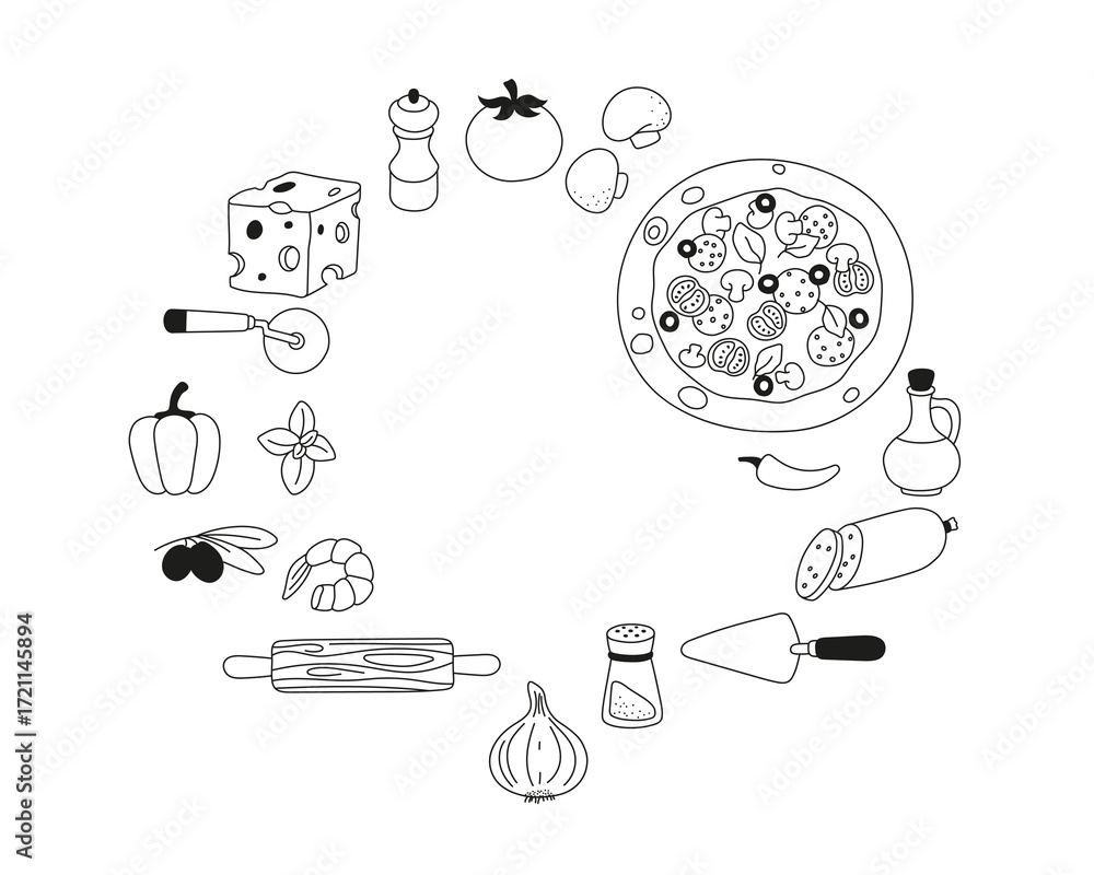 Obraz premium Pizza set. Frame. Black and white image.