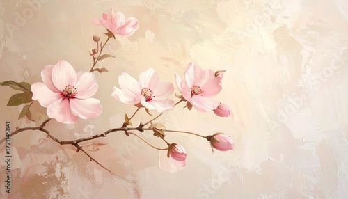 Pink Cherry Blossoms Branch on Beige Background