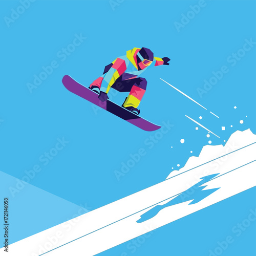 Snowboarder Soaring: An artistic depiction of a snowboarder executing a gravity-defying jump against a vibrant backdrop. The illustration captures the dynamic essence of winter sports, adventure.