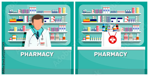 Male pharmacist at pharmacy counter with medicines shelves. Healthcare and drugstore concept for medical service.