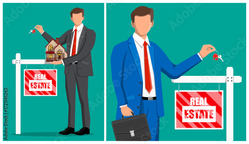 Man real estate broker or agent with house and key. Real estate property sign. Home rental or mortgage concept.