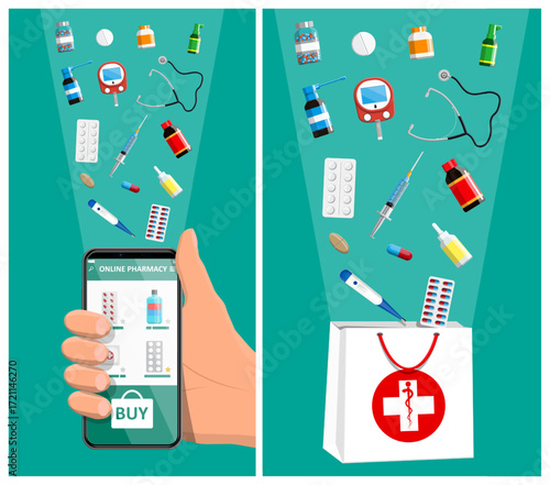 Hand holding smartphone with online pharmacy app. Medical supply delivery from e-pharmacy to shopping bag. Digital health care concept.