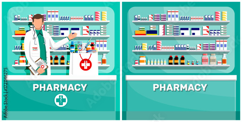 Man pharmacist with document and bag on counter. Pharmacy store or drug shop interior concept. Medical healthcare.