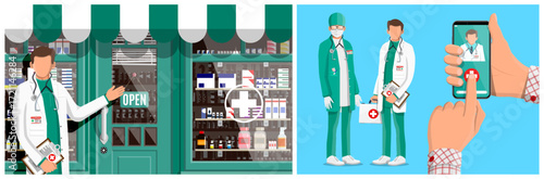 Man pharmacist with open sign standing outside drugstore. Doctors and patient calling online on phone. Telemedicine concept.