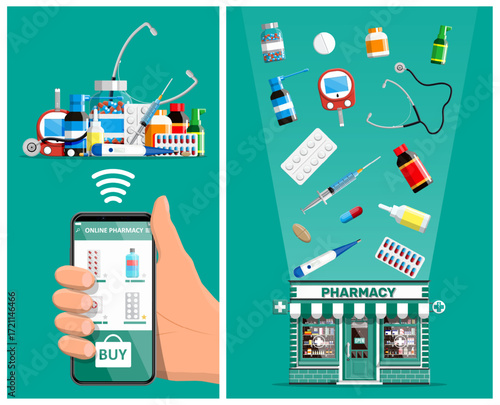 Man hand holding smartphone for online pharmacy purchase. Digital app for medicine delivery. Healthcare and drug buying concept.