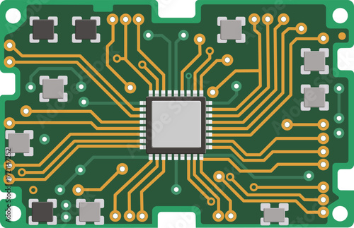 Vector illustration showcasing a detailed microcontroller circuit board with intricate connections and components