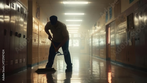 A person sweeping a school hallway