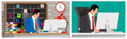 Man working at office desk with computer. Business worker in flat style. Corporate workplace and time management concept.