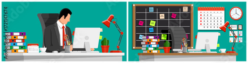 Man working on computer with office supplies. Set of two workplaces. Business or home office concept illustration.
