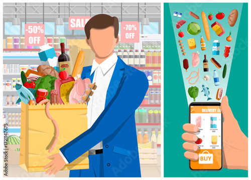 Man leaving a grocery store with a heavy shopping bag full of food. Online food order and delivery service concept.