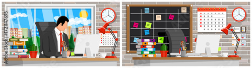 Man working at office desk with computer. Workplace with monitor and office documents. Business and corporate flat vector illustration.