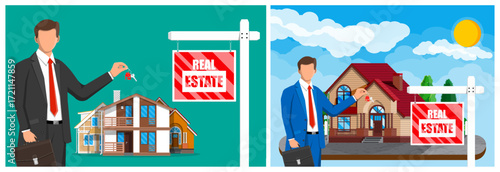Man realtor holding house keys. Real estate agent offers private property for sale. Home rental, buying estate for family.