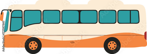 A stylized illustration of a vintage orange and cream city bus shown from the side, featuring bold windows and rounded edges