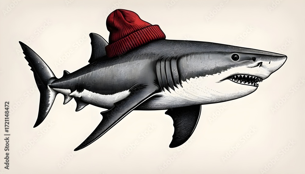 Fototapeta premium Playful shark wearing a beanie ocean digital art underwater side view whimsical concept for seo impact
