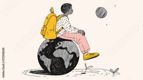 School child sitting on globe illustration symbolizing back to school learning education and future success